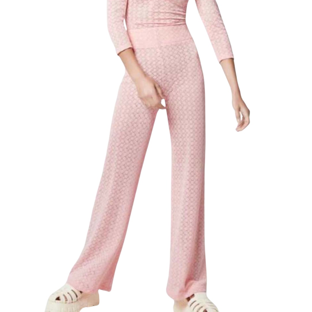 Smythe Keeley Pointelle Knit Pants Shell Pink Sheer Flare High Rise New Size Xs